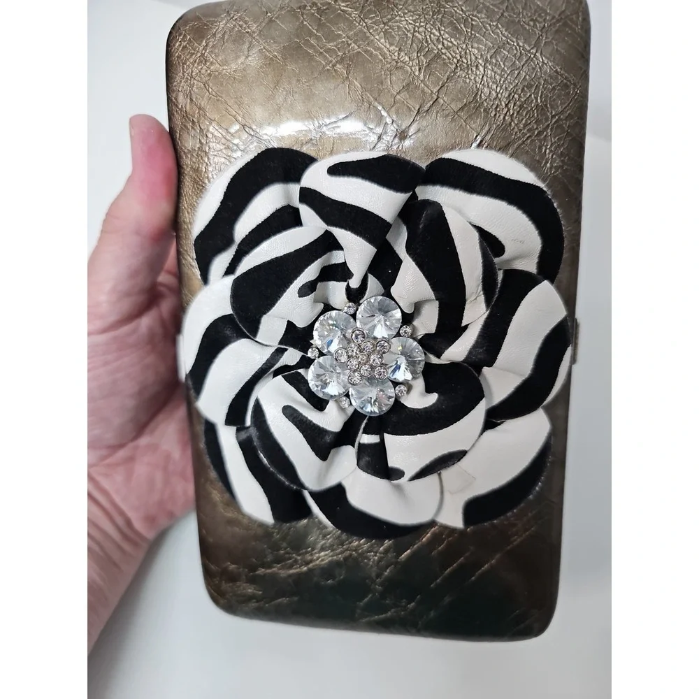 Zebra Fabric Rose Wallet Clutch Metallic Gunmetal Hardcase Checkbook Organizer